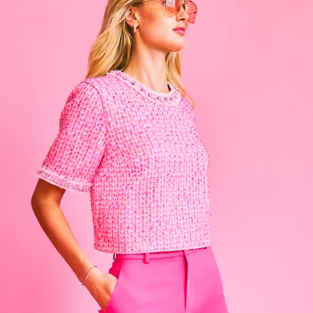 Lilly Pulitzer Pink Palms Fantasy Boucle top.